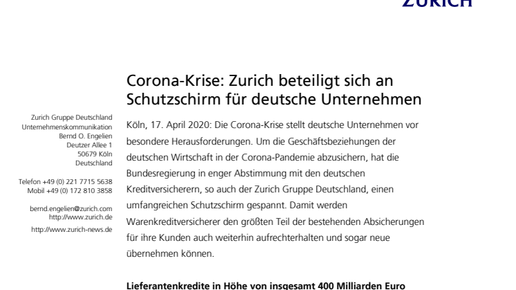 Corona-Krise: Zurich beteiligt sich an Schutzschirm für deutsche Unternehmen