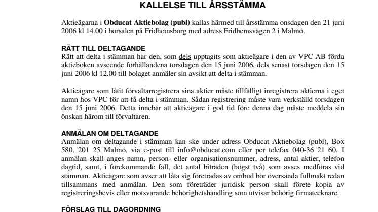 OBDUCAT: KALLELSE TILL ÅRSSTÄMMA - 2006