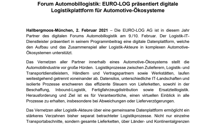 Forum Automobillogistik: EURO-LOG präsentiert digitale Logistikplattform für Automotive-Ökosysteme