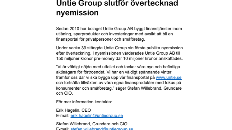 Untie Group slutför övertecknad nyemission