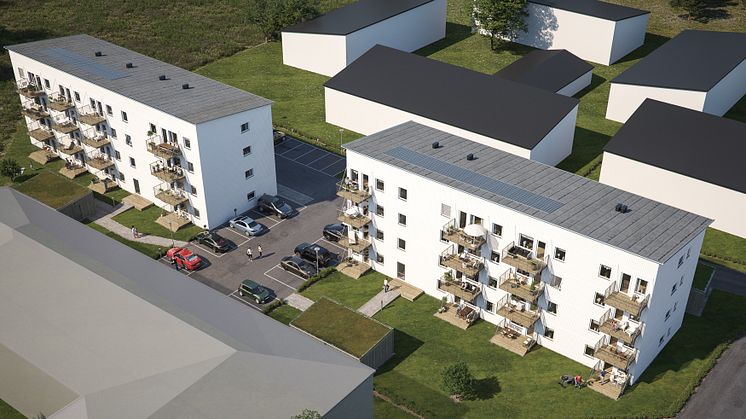 Översiktsillustration av de nya husen i BoKlok Triangelparken i Siggbo, Tierp