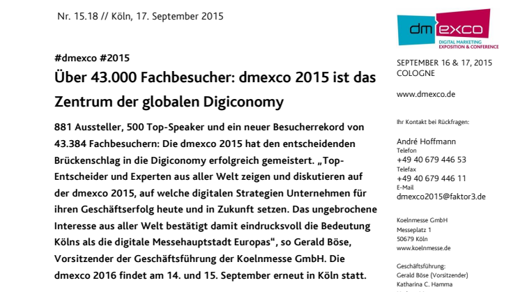 Über 43.000 Fachbesucher: dmexco 2015 ist das Zentrum der globalen Digiconomy