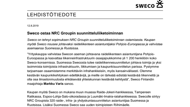 Sweco ostaa NRC Groupin suunnitteluliiketoiminnan