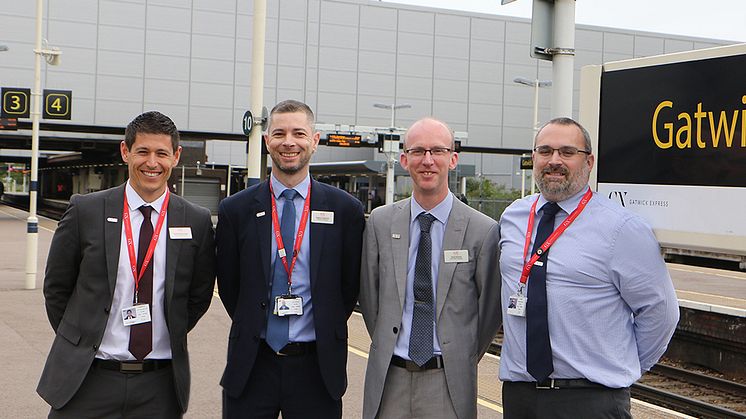 Platform - from left, Stephen MacCallaugh, Head of Gatwick Express, Stephen Darbyshire, Operations Manager, David Stronell, Area Station Manager, Tim Aveline, On-Board Services Manager