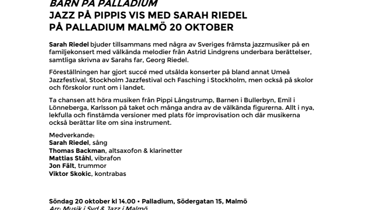 Barn på Palladium – Jazz på Pippis vis med Sarah Riedel på Palladium Malmö 20 oktober