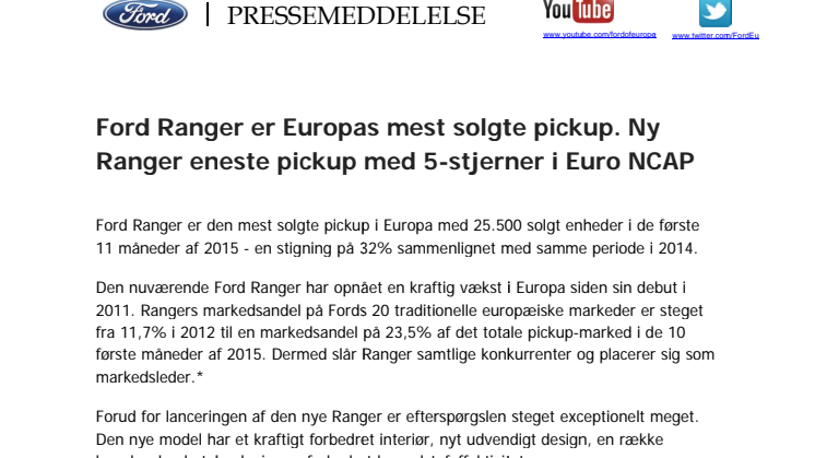 Ford Ranger er Europas mest solgte pickup. Ny Ranger eneste pickup med 5-stjerner i Euro NCAP
