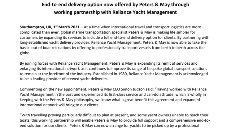 End-to-end delivery option now offered by Peters & May through working partnership with Reliance Yacht Management