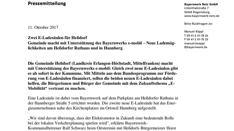 Zwei E-Ladesäulen für Heßdorf