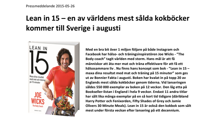 Lean in 15 – en av världens mest sålda kokböcker kommer till Sverige i augusti