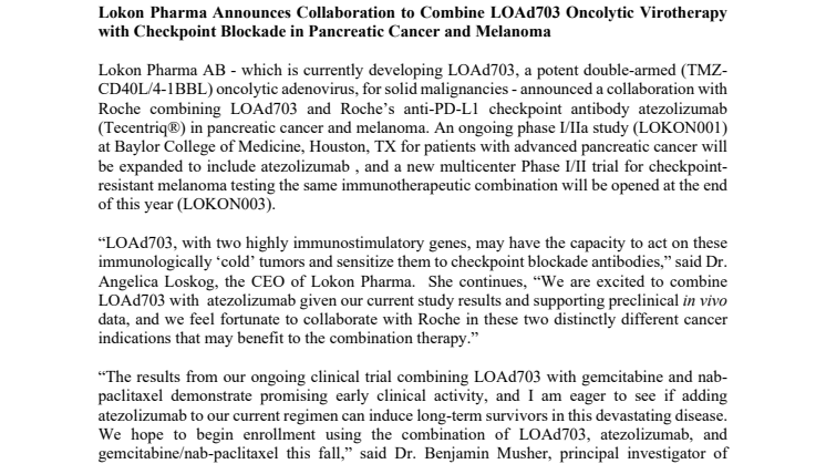 Lokon Pharma Announces Collaboration to Combine LOAd703 Oncolytic Virotherapy with Checkpoint Blockade in Pancreatic Cancer and Melanoma