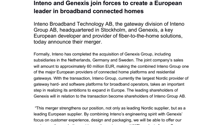 Inteno and Genexis join forces to create a European leader in broadband connected homes