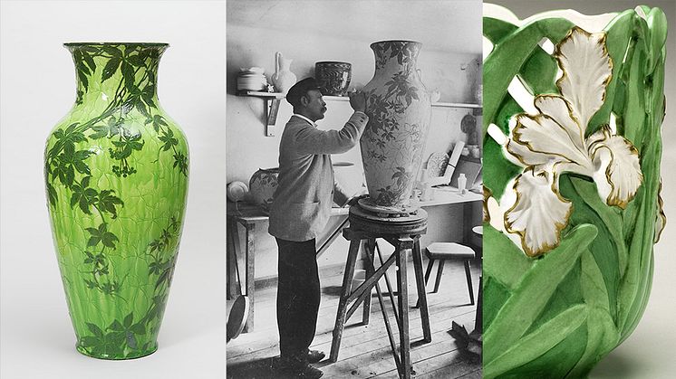 Gunnar G:son Wennerberg i sin ateljé år 1900 på Gustavsbergs Porslinsfabrik i färd med att skapa den gröna vasen till höger.