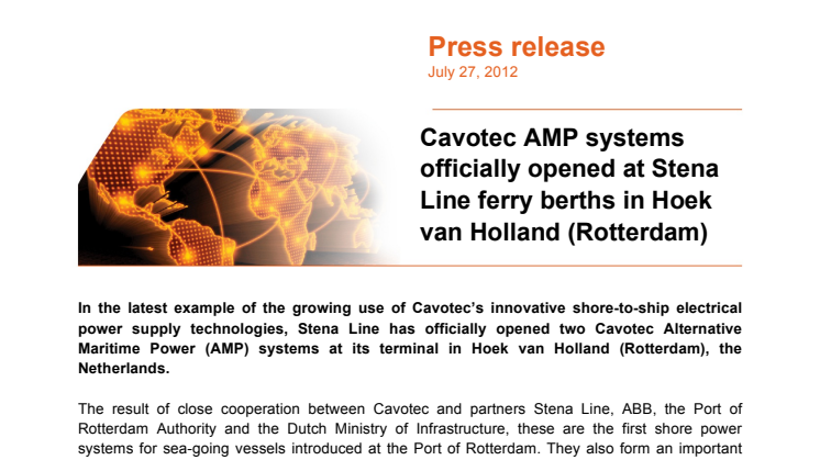 Cavotec AMP systems officially opened at Stena Line ferry berths in Hoek van Holland