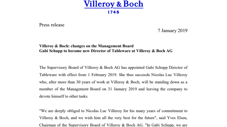 Changes on the Management Board - Gabi Schupp to become new Director of Tableware at Villeroy & Boch AG 
