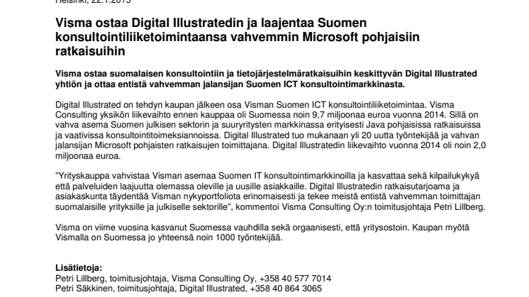 Visma ostaa Digital Illustratedin ja laajentaa Suomen konsultointiliiketoimintaansa vahvemmin Microsoft pohjaisiin ratkaisuihin 