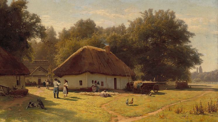 Vladimir Donatovich Orlovsky: Russian landscape with peasants at a farmer’s house on the outskirts of a forest.