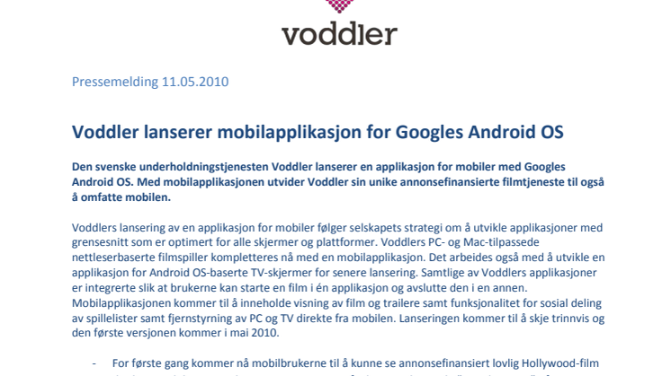Voddler lanserer mobilapplikasjon for Googles Android OS