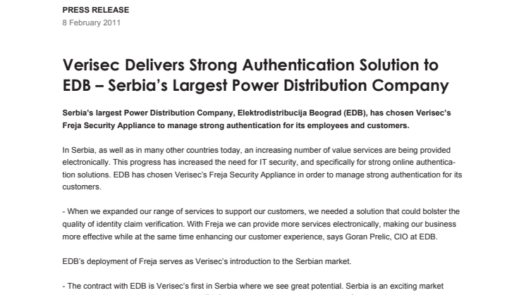Verisec Delivers Strong Authentication Solution to EDB – Serbia’s Largest Power Distribution Company
