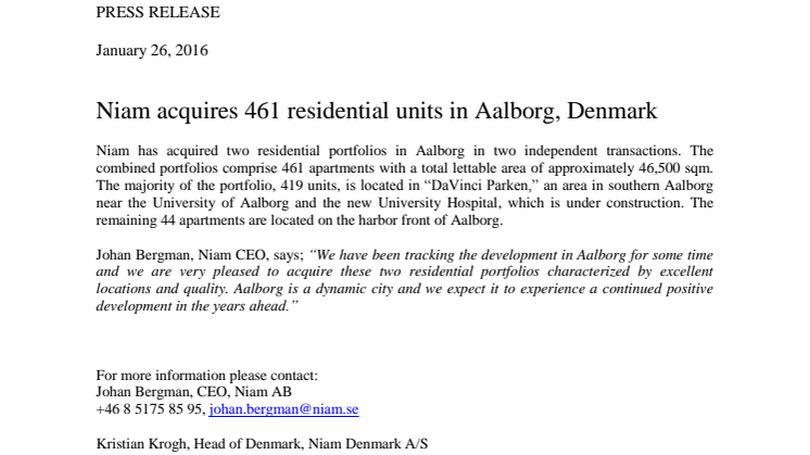 Niam acquires 461 residential units in Aalborg, Denmark