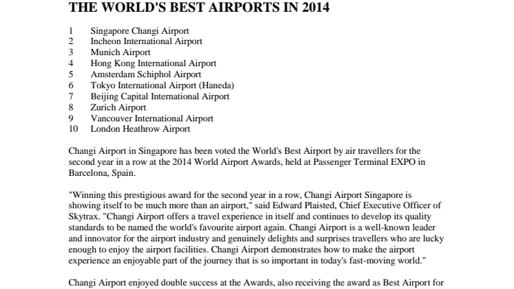 Singapore Changi Airport named the World's Best Airport for 5th time at the 2014 Skytrax World Airport Awards