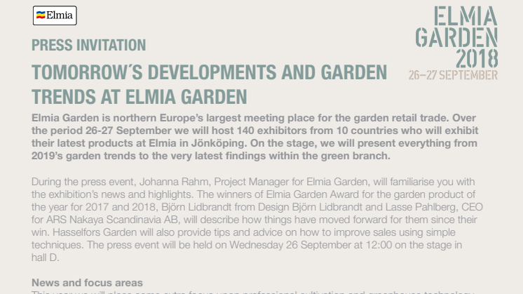 Press invitation: Tomorrow’s developments and gardening trends at this year’s Elmia Garden