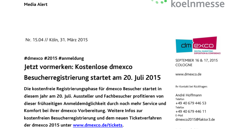 Jetzt vormerken: Kostenlose dmexco Besucherregistrierung startet am 20. Juli 2015