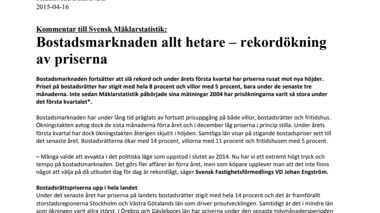 Kommentar till Svensk Mäklarstatistik: Bostadsmarknaden allt hetare – rekordökning av priserna