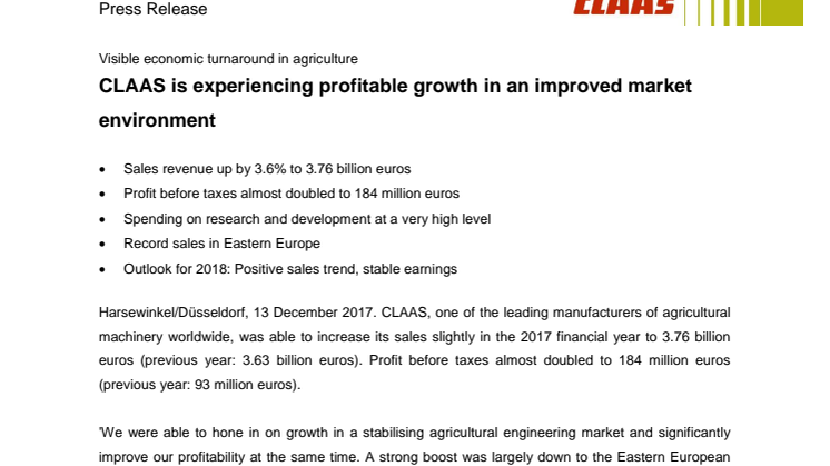 CLAAS is experiencing profitable growth in an improved market environment