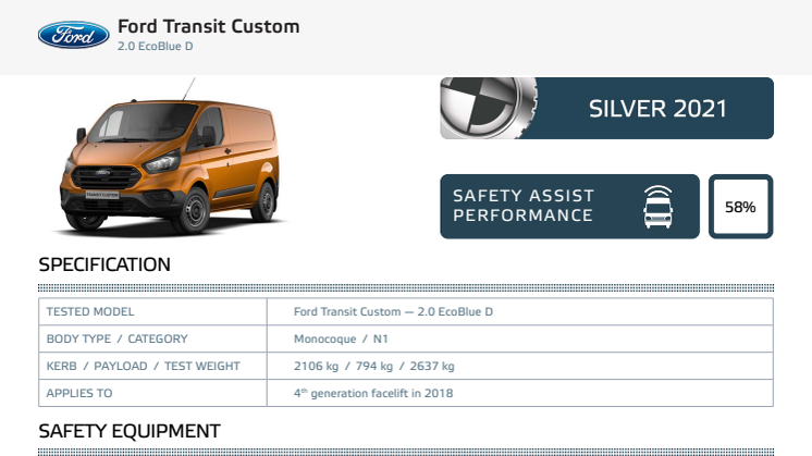 Euro NCAP Commercial Van Testing - Ford Transit Custom datasheet
