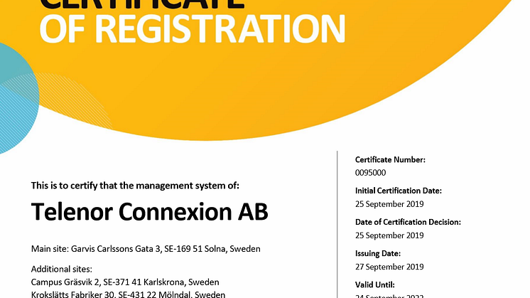 Telenor Connexion achieves ISO 27001 certification