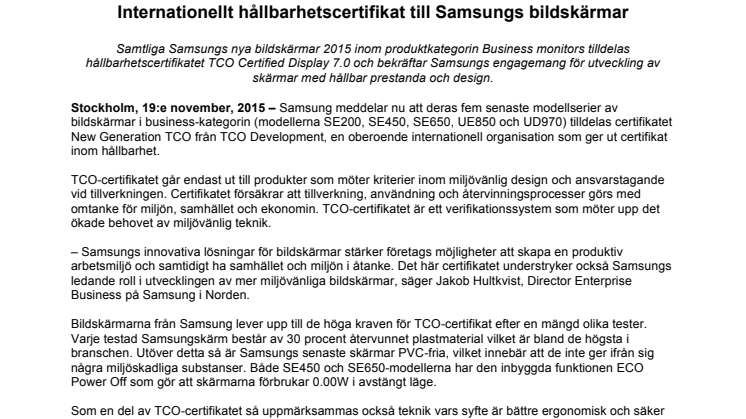  Internationellt hållbarhetscertifikat till Samsungs bildskärmar 