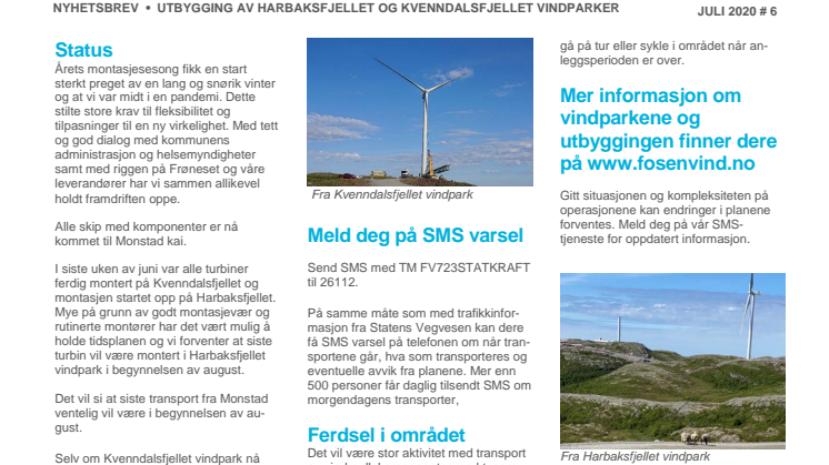 Nyhetsbrev 6/2020 Kvenndalsfjellet og Harbaksfjellet vindparker