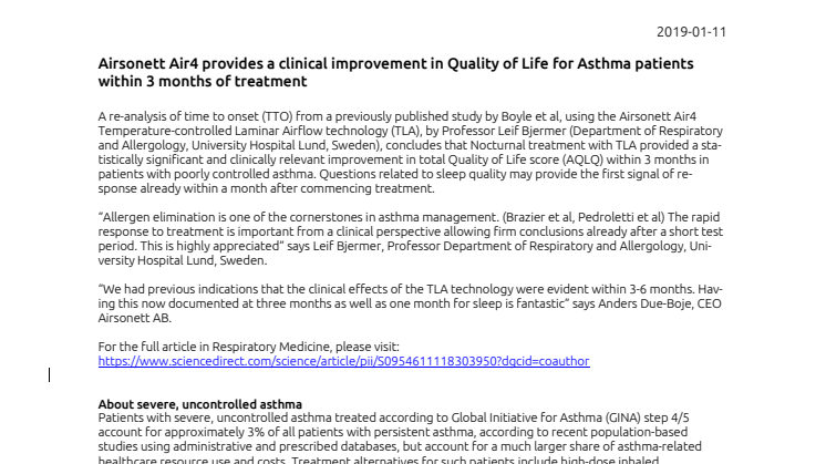 Airsonett Air4 provides a clinical improvement in Quality of Life for asthma patients within 3 months of treatment