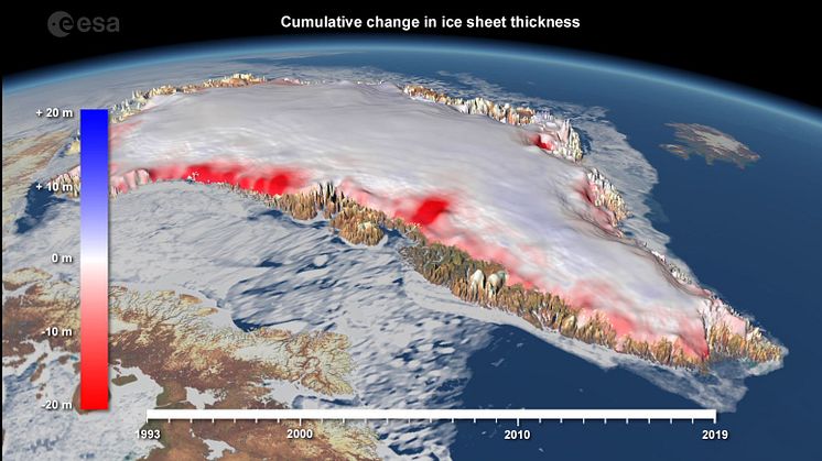 Areas in red highlighting changes to the thickness of Greenland's ice sheets between 1992-2020