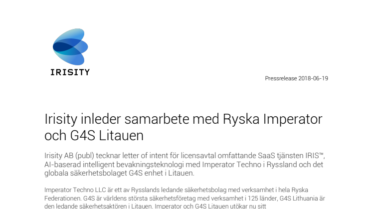 Irisity inleder samarbete med Ryska Imperator och G4S Litauen
