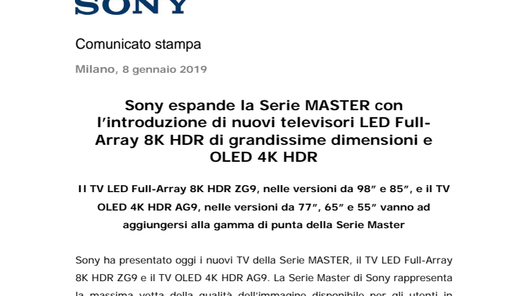 Sony espande la Serie MASTER con l’introduzione di nuovi televisori LED Full-Array 8K HDR di grandissime dimensioni e OLED 4K HDR