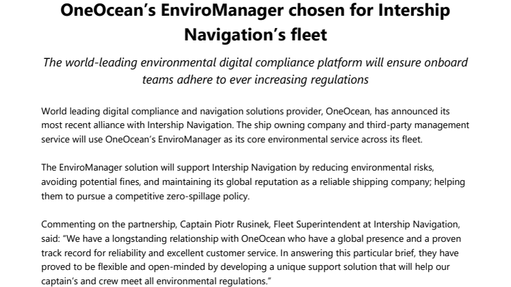OneOcean’s EnviroManager chosen for Intership Navigation’s fleet