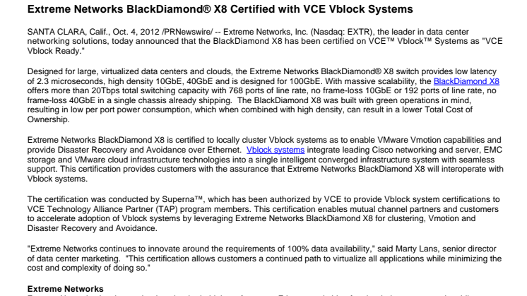 Extreme Networks BlackDiamond X8 Certified with VCE Vblock Systems