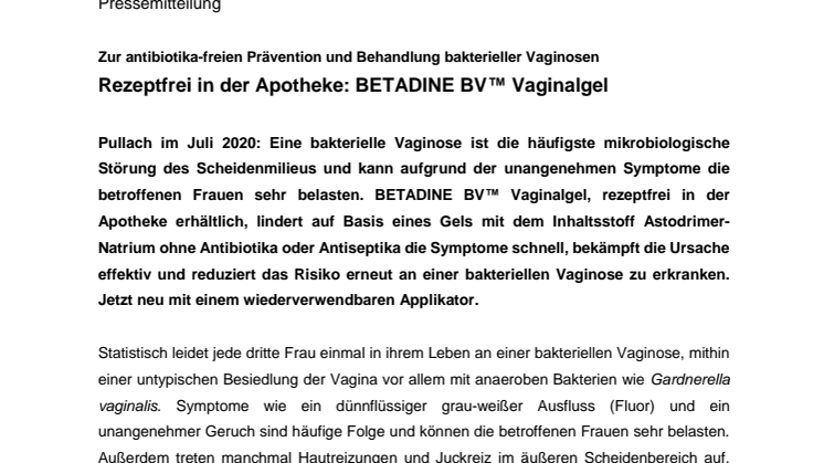 BETADINE BV™ Vaginalgel: Zur Behandlung bakterieller Vaginosen
