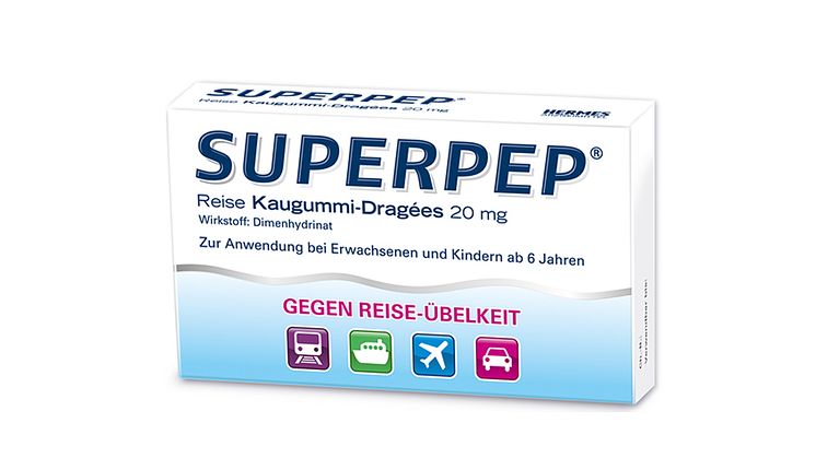 960 x 564 Packungsabbildung Superpep Reisekaugummi-Dragees 20 mg
