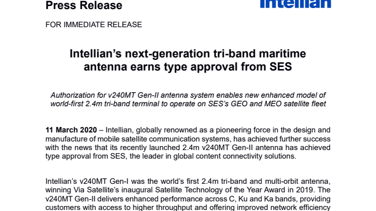 Intellian’s next-generation tri-band maritime antenna earns type approval from SES
