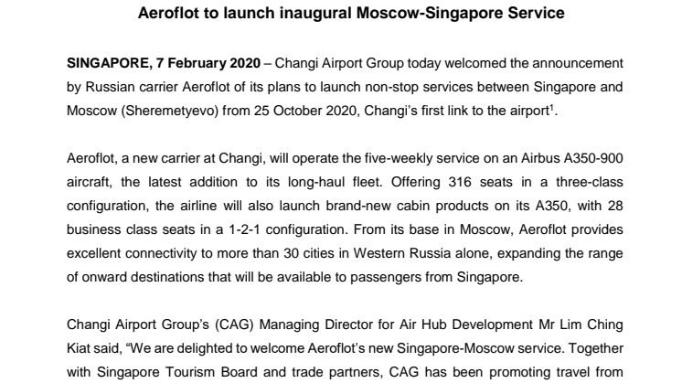 Aeroflot to launch inaugural Moscow-Singapore Service