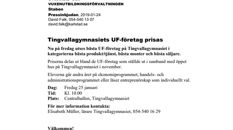 Pressinbjudan: Tingvallagymnasiets UF-företag prisas