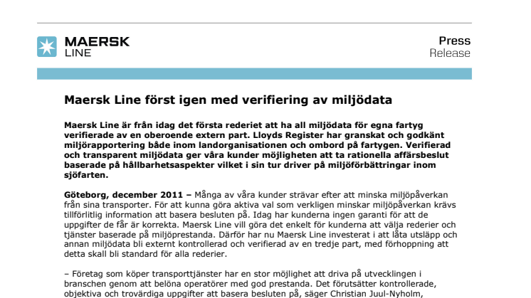 Maersk Line först igen med verifiering av miljödata 