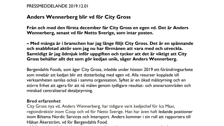 Anders Wennerberg blir vd för City Gross