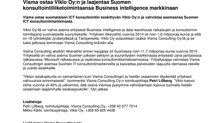 Visma ostaa Viklo Oy:n ja laajentaa Suomen konsultointiliiketoimintaansa Business intelligence markkinaan