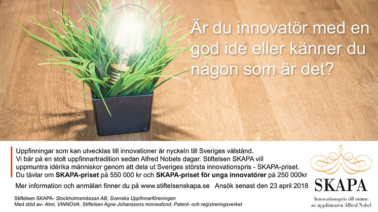 SKAPA söker 2018 års bästa uppfinnare och innovatör 