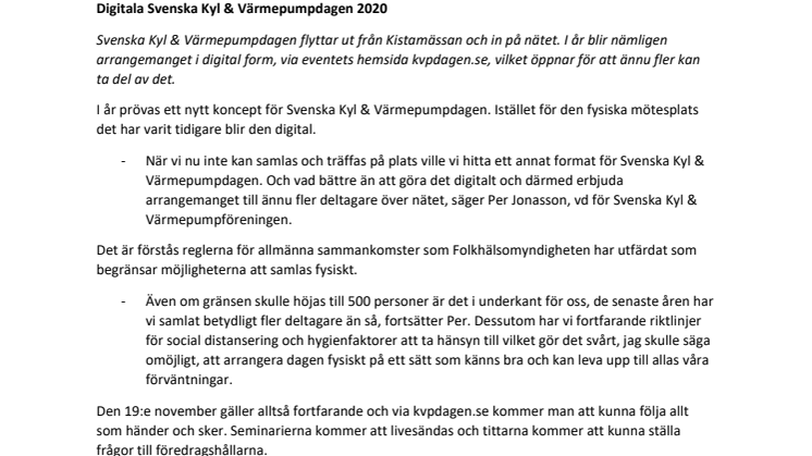 Digitala Svenska Kyl & Värmepumpdagen 2020