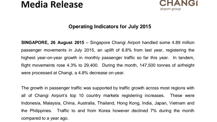 Operating Indicators for July 2015
