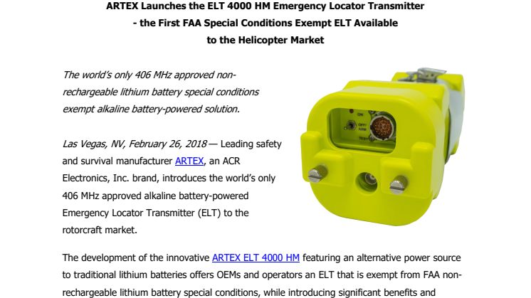 ARTEX Launches the ELT 4000 HM Emergency Locator Transmitter - the First FAA Special Conditions Exempt ELT Available  to the Helicopter Market